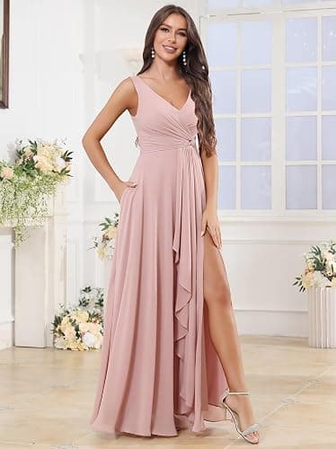 BOLENSYE Women's V Neck Bridesmaid Dresses with Pockets A Line Ruffles Ruched Long Slit Chiffon Evening Party Gown - Navy Blue - 16 thumbnail 4