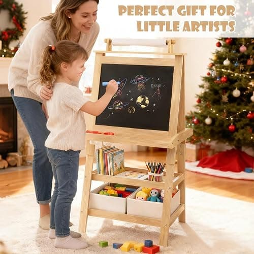 HONEY JOY Art Easel for Kids, 3-in-1 Double-Sided Wooden Toddler Easel w/Magnetic White Board & Chalkboard, Paper Roll, 2 Storage Bins, Painting Dry Erase, Kids Easel for Boys Girls Aged 3+ (Natural) thumbnail 2