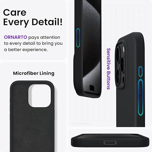 ORNARTO Compatible with iPhone 15 Pro Max Case 6.7", Slim Liquid Silicone 3 Layers Soft Gel Rubber Shockproof Protective Phone Case with Anti-Scratch Microfiber Lining-Black thumbnail 5