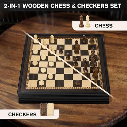 Peradix Magnetic Chess and Checkers Set with 2 Built-in Storage Drawers, Classic 2 in 1 Wooden Board Games, Magnetic Chess Pieces 2 Extra Queens, 12.8" Chess Set for Adults and Kids Gift Package thumbnail 6