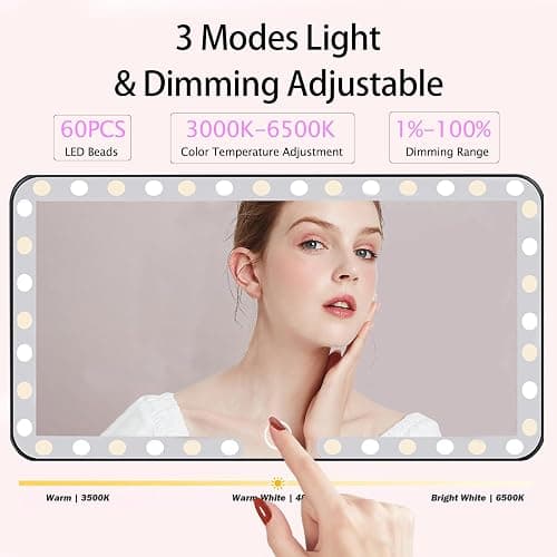 Car Sun Visor Vanity Mirror, 3 Light Modes & 60 LEDs, Rechargeable Dimmable Touch Screen Travel Makeup Mirror,Universal for Truck SUV-Car Accessories Essentials for Women（White） thumbnail 3