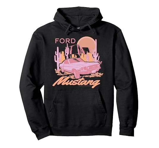 Ford - Pink Mustang Car Driving Through Desert Pullover Hoodie - Image 1