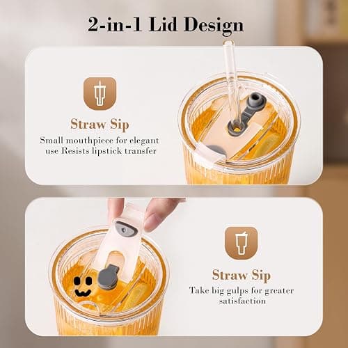 GOSCHE 20oz Glass Tumblers with Straws and Lids, Ribbed Iced Coffee Cups Leak-proof, Dishwasher Safe, Thickened Glass Cups with Lids Ideal for Coffee and Travel, Clear, 4 Pack thumbnail 5