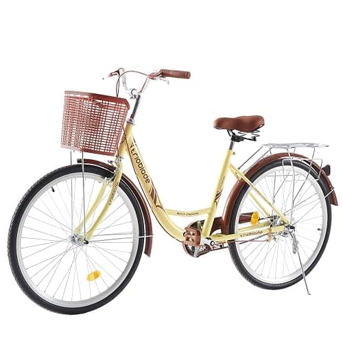 BSTSEL 26 Inch Wheels Vintage bike Fabric Bike City Classic Bicycle, Retro Bicycle With 1 Speed Shimano Gears, Sprung Saddle, Rack And Front Basket Formal Road Bike For Woman - Brown thumbnail 3