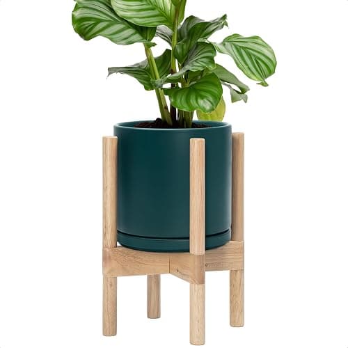 D'vine Dev Ceramic Planter with Natural Stand - 8 Inch Modern Round Flower Pot with Wood Planter Holder, Teal, 55-B-N-4 - Image 1
