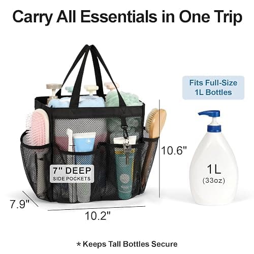 F-color Mesh Shower Caddy Portable, Upgrade Deeper 7 Pockets Shower Bag Basket Tote for College Dorm Room Toiletry Bathroom Essentials Gym Camp Quick Dry 2 handles with S Hook, Black thumbnail 2
