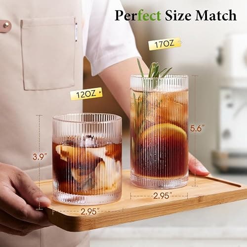 LUNA & MANTHA Drinking Water Glasses Set, Lead-Free Crystal Highball Glass, Tall Glass Cups for Cocktail Parties,ribbed set of 8,17oz&12oz thumbnail 3