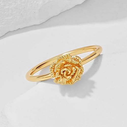 LADYGD Birth Flower Stacking Ring for Women | 14K Gold Plated Brass, 12 Engraved Floral Motifs, Slim Stack-Ready Band, Available in US Sizes 5-9 thumbnail 4