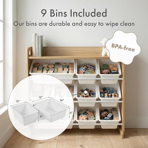 Humble Crew Kids Toy Organizer with Display Shelf, 9 Bins, 3 Tier Storage | Sturdy wood and steel toddler shelf, removable BPA-free containers, wall anchor anti-tip safety kit for bedroom or classroom thumbnail 4