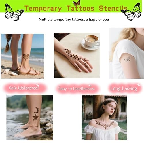 Temporary Tattoos Kit - Large 12 Sheets Temporary Tattoo Stencil Kit - 78 Unique Tattoo Designs - 6 Pcs (Brown/Black/Maroon) Ink with Paint Brush for DIY Body Art - Tattoos for Women Men Kids thumbnail 7