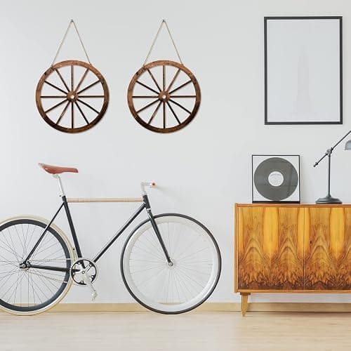 Qunclay 2 Pcs Wagon Wheel Decor Wooden Western Cowboy Party Decorations Vintage Rustic Wagon Wheel Wood Cartwheel Decor for Bar Garage Indoor Outdoor (Brown,12 Inch) thumbnail 6