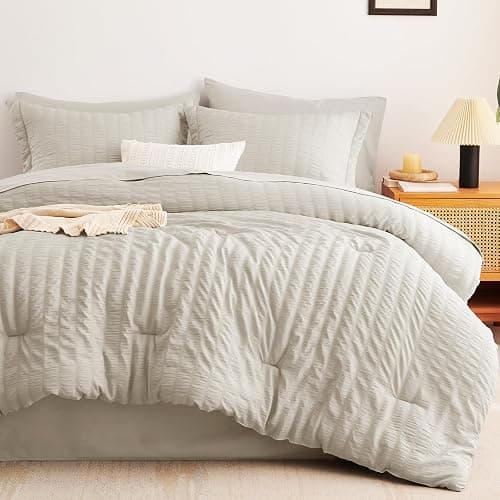CozyLux Queen Comforter Set Beige Seersucker 7 Pieces Bed in a Bag Queen Comforter Set with Sheets, Luxury Soft Bedding Set with Down Alternative Comforter, Sheets, Pillowcases & Shams for All Seasons thumbnail 3