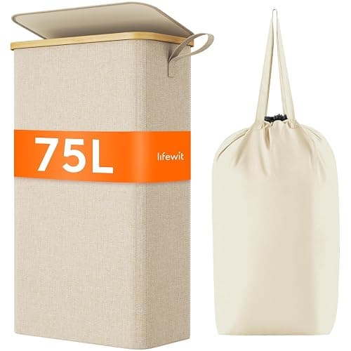 Lifewit 75L Slim Laundry Hamper with Lid, Narrow Laundry Basket with Removable Bag & Bamboo Handles, Fodable Thin Dirty Clothes Hamper for Laundry Collapsible Bin for Bathroom Bedroom Dorm, Beige - Image 1