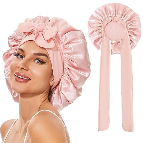 Catelves Seidenhaube zum Schlafen Lange Haare, Silk Bonnet Weiche und Bequeme, Bonnet Seide, Hair Bonnet, Schlafhaube Seide für Verstellbares Breites Band zur Befestigung am Kopf(Hellrosa) - 1 x Hellrosa