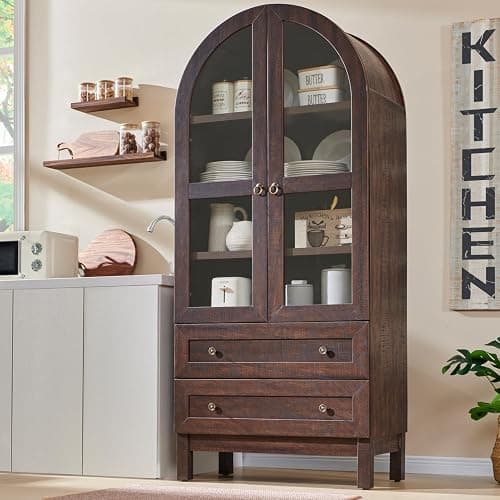 IFGET 71" Tall Arched Kitchen Pantry Cabinet, Wood Kitchens Storage Cabinets with 2 Large Drawers and Adjustable Shelves, Modern Farmhouse Versatile Cupboard for Kitchen, Dining Room, Bathroom, Brown - 1 - Brown - Image 1