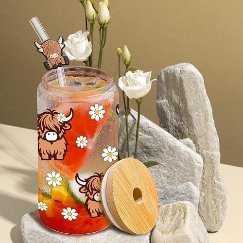 Highland Cows Gifts for Women Highland Cow Lovers Decor Print Stuff Coffee Cup with Cow Straw - Cute Coffee Cups/Tumbler Christmas Birthday Gifts for Women Girls, Glass Cup with Lid and Straw 16oz thumbnail 5
