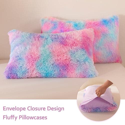 BYHOFMLY Pink Purple Fluffy Bedding Set Twin Size 3 Pieces Faux Fur Furry Comforter Set for Girls Tie Dye Rainbow Warm Fuzzy Kids Bed Comforter (Pink Purple, Twin) thumbnail 7