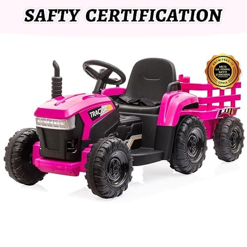 TOBBI Kids Electric Ride On Toy Tractor, Toddlers 12V Battery-Powered Car to Drive, 35W Dual Motor 6-Wheels Trailer Vehicle with 3-Speeds/LED & Horn Functions for Chirdren Aged 3-8-Pink thumbnail 9