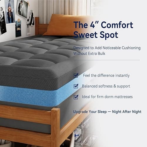 ELEMUSE Twin XL Dorm Dual Layer 3 Inch Memory Foam Mattress Topper for College, Dorm Room Essentials, 2 Inch Cooling Gel Foam and 1 Inch Soft Pillow Top Bed Pad,Back to School,Grey thumbnail 9