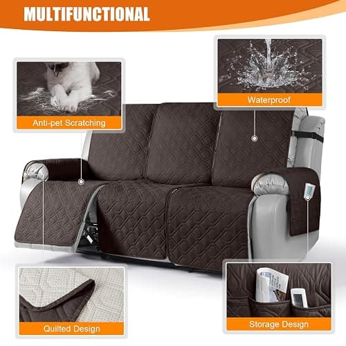 VANSOFY Waterproof Recliner Couch Covers, Sofa Covers 1-Piece Washable Reclining Sofa Cover Non-Slip Furniture Protector with Elastic Straps Pocket for Dogs, Pets(Chocolate,3 Seater) thumbnail 7