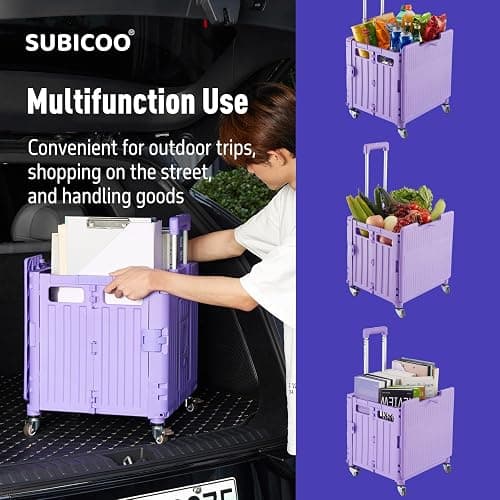 Folding Utility Cart Portable Rolling Crate Handcart Shopping Trolley Collapsible Tool Box, with Lid, Basket on 4 Rotate Wheels, for Grocery, Shopping, Office, Storage, Teacher (Purple) thumbnail 3