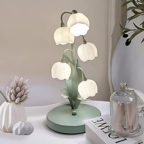 Green Flower Lamp for Home,Bedside Vintage Table Lamps,5 Lily of The Valley Reading Lights,3 Colors Modes Kawaii Bedside Lamp Decor,with G4 Bulb Nightstand Light for Living Room Office Bedroom - Green - Image 1