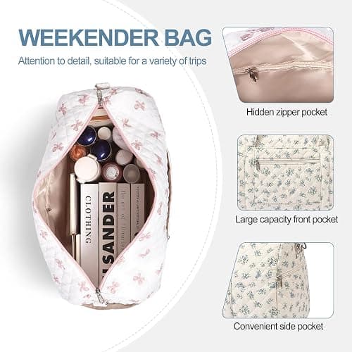 Gym Bag for Women, Cute Duffle Bag, Quilted Duffle Bag for Travel, Floral Duffle Bags, Weekend Bag with Zipper Pocket Dance Bag Organizer thumbnail 4