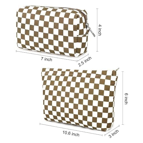 SOIDRAM 2 Pcs Checkered Makeup Bag Large Cosmetic Bag Toiletry Bag Makeup Pouch Travel Bag Organizer Cute Makeup Brushes Aesthetic Accessories Storage Bag for Women Coffee Brown thumbnail 3