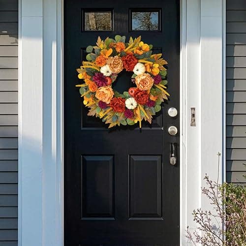 24 Inch Fall Wreaths for Front Door with Orange Peony and Burgundy Dahlias | Artificial Silk Autumn Wreath with Realistic White Pumpkin,Rustic Farmhouse Thanksgiving Halloween Decorations for Porch Wall thumbnail 7