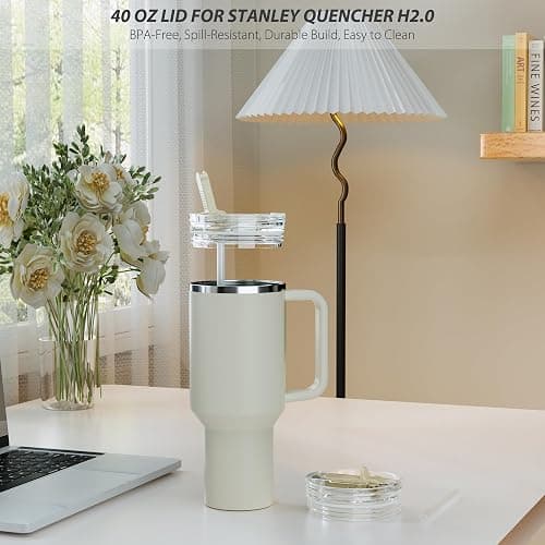 CeleVista 2 Pack Replacement Lid for Stanley 40 oz Quencher H2.0 & ProTour, Flip Straw Tumbler Lid for Stanley Cup, Leakproof, No Spill & Easy to Use Reusable Tumbler Cover (Cream) thumbnail 2