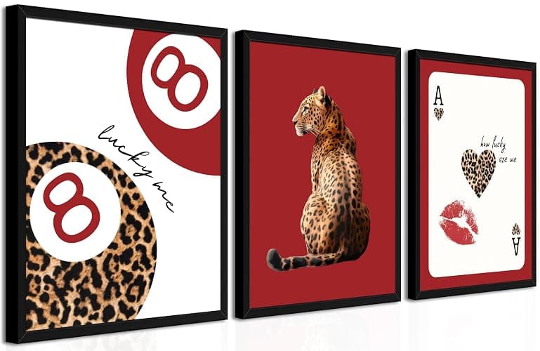 Framed Trendy Leopard Wall Art Set of 3, Red Funky Preppy Cheetah Wall Decor Paintings, Lucky 8 Aesthetic Room Decor Prints Pictures for Girls Bedroom Apartment Dorm 12x16 Inch Black Frame - Image 1
