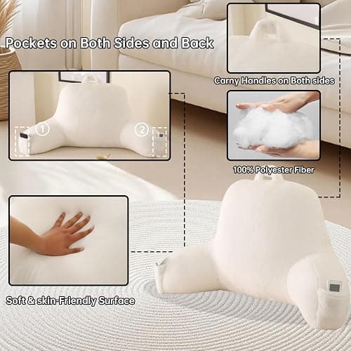 PAJEO Soft Reading Pillow for Bed with Arms,Middle,White,Faux Fur | 17" Backrest for Gaming & Lounging,Oeko-TEX Certified Plush Back Pillow for Teens Room thumbnail 5