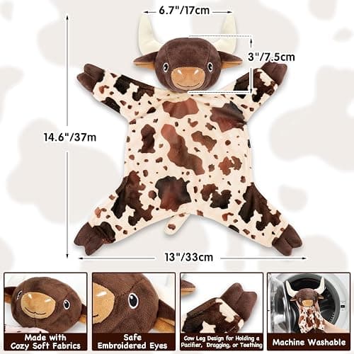 Gicoherero Longhorn Baby Security Blanket Lovey Baby Shower Cow Spotted Cowhide Print Stuffed Cow Snuggler First Birthday Unisex Baby Plush Sleeping Plushie Items Nursery Newborn Gift thumbnail 3