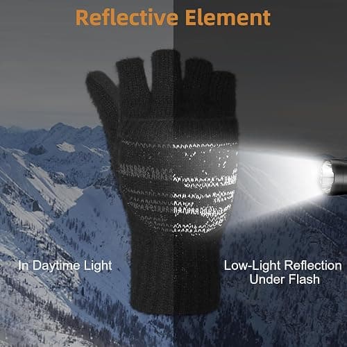 BERGWEISER Flip Winter Gloves, Wool Fingerless Gloves for Women Men Cold Weather, Mittens with Reflective for Christmas thumbnail 5