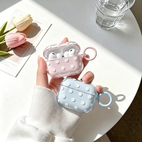 inewateri Compatible for AirPods Pro 2/Pro Case with Cleaner Kit, Cute Polka Dot Pattern Clear Aesthetics Trendy Design with Shell Keychain, Soft TPU Protective Cover for Girls Women-Pink thumbnail 4