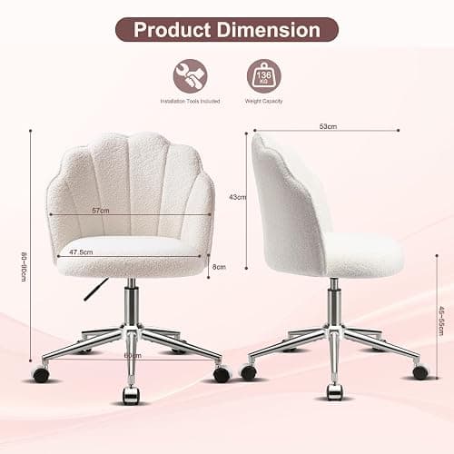 Eufurnibi Vanity Chair for Dressing Table with Wheels, Boucle Desk Chair for Bedroom, Swivel Armchair for Home, Height Adjustable&Easy Assembly, White/Beige thumbnail 2