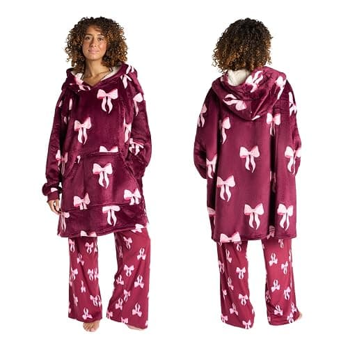 OHS Blanket Hoodie Women Bow Print, Mothers Day Gifts Super Soft Sherpa Fleece Warm Comfy Cosy Oversized Wearable Blanket Sweatshirt Big Pocket for Adults Women Girls, Burgundy/Pink - Image 1