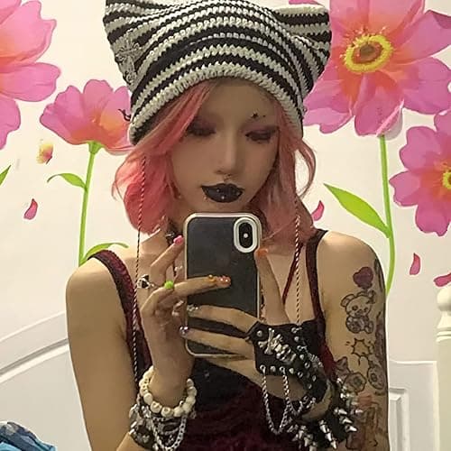 Crochet Hats for Women Vintage Beanies Women Fox Hat Grunge Goth Beanies Hat Y2K Accessories Slouchy Beanies for Women thumbnail 4