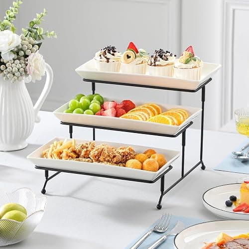 MALACASA 3 Tier Serving Trays for Party, Porcelain Serving Platters and Trays, 12 Inch Tiered Tray Stand, Fruit Tray, Trays for Serving Food, White Dessert Stand with Collapsible Sturdier Metal Rack thumbnail 8
