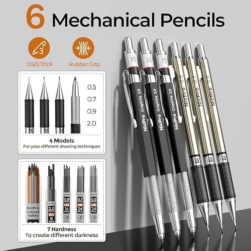 Nicpro 52PCS Art Drawing Supplies Kit, Metal Mechanical Pencil Set 0.5, 0.7, 0.9 & 2mm, 9x12 Sketch Book, 12 Fineliner Pens, 20 Tubes Leads, School Supplies Drawing Kit for Artist Adults Sketching thumbnail 3