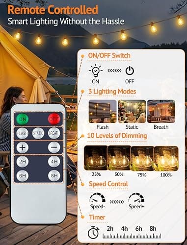Larkvue 25FT Solar String Lights Outdoor with Remote, Waterproof Dimmable 3 Modes Patio Lights with 10+1 LED Shatterproof G40 Bulbs for Wedding-Brown thumbnail 3