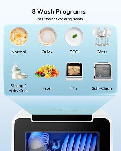 EUHOMY Countertop Dishwasher Portable, 8 Programs with 5L Tank, Black, 40dB | 360° Dual Spray Arms, 29-min Quick Wash, 8-Program with Child Lock and Delay Mode, 167°F, 73h Ventilation, 40dB, Time-Saving thumbnail 3