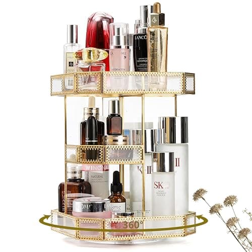 ZOOFOX 360 Degree Rotating Glass Makeup Organizer, Large Cosmetics Storage Display Holder with Gold Trim for Vanity, Clear Makeup Carousel for Perfume, Cosmetics, Brushes, Lotion, Lipsticks - Image 1