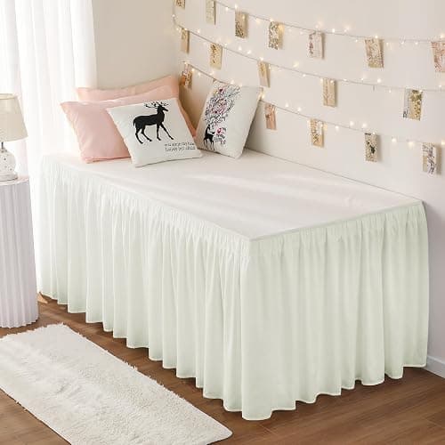 RIMELA Cream Dorm Bed Skirt Twin XL 32 Inch Drop, Easy to Install Extra Long Wrap Around Elastic Dust Ruffle, Bedskirt Silky Fabric Machine Washable (Twin XL 80“L x 39”W & Twin 75“L x 39”W) - Image 1