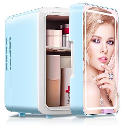 Reemix Skincare Fridge, Mini Beauty Fridge with LED Mirror, 4L Portable Small Refrigerator for Bedroom, Car, Office & Dorm, Cooler & Warmer (Aqua) - Image 1