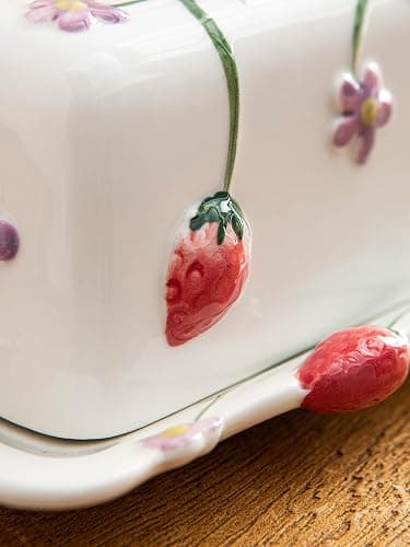 Ceramoira Cottage Strawberry Butter Dish w/ Lid & Knife, Artisanal Handmade | Large Butter Holder for Countertop, Ceramic Covered Butter Tray w/ Spreader, Fits 2 Sticks, Embossed Country Farmhouse Decor thumbnail 6