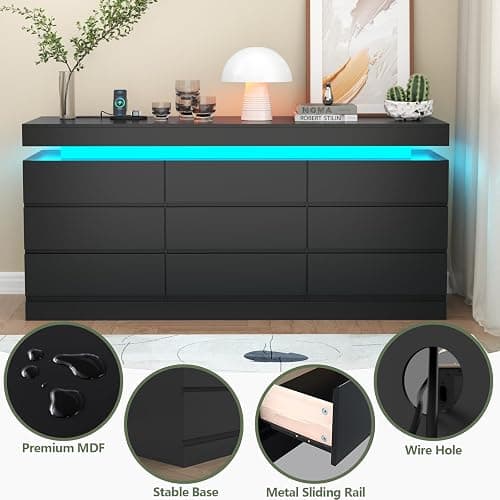 Gyfimoie 9 Drawer Dresser with Power Outlet, Dresser with LED Light, Modern Chest of Drawers for Closet, Double Wide Drawer Organizer Cabinet for Bedroom, Living Room (Black, 9 Drawers) thumbnail 6