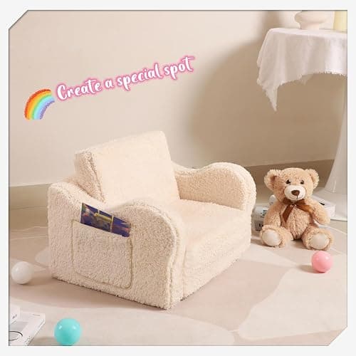 MOMCAYWEX Kids Sofa, 2-in-1 Flip-Out Foam Couch with Soft Sherpa Cover, Cozy Play Lounge Chair, Cream thumbnail 5