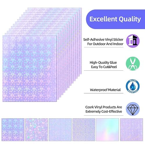 36 Sheets Holographic Sticker Paper, Clear Vinyl Lamination Sticker Film Self Adhesive, Transparent Overlay Laminate Sticker Paper Waterproof-Gem/Dots/Sand Star/Rainbow/Star/Heart, 8.5x11 Inch thumbnail 3