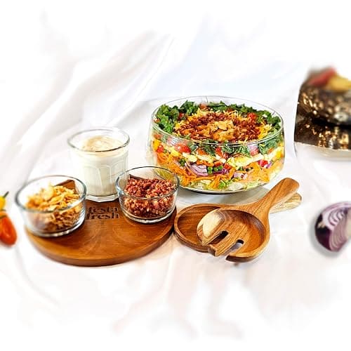 Festa Fresh Glass Salad Bowl Set with Acacia Wood Base, Lid and Serving Utensils, Clear 10 Inch 160 oz Party Bowl for Elegant Practical Serving thumbnail 7